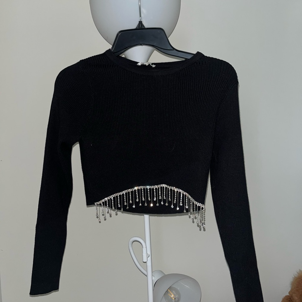 Black Rhinestone Hemmed Crop Long Sleeve